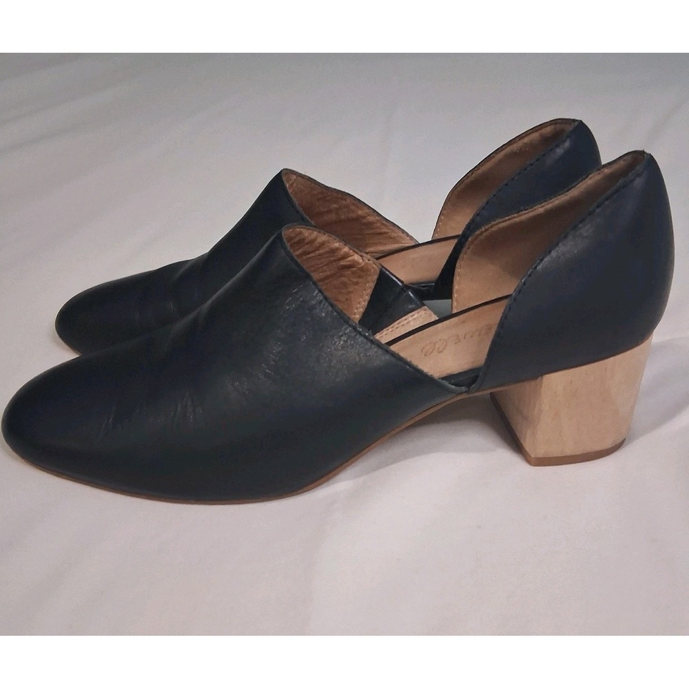 Madewell Black Leather Cutout Block Heel Pumps with Natural Wood Heel